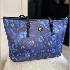 💙NWOT-Christian Lacroix Liliane Blue & Black Tropical Print Faux Leather Tote🖤
